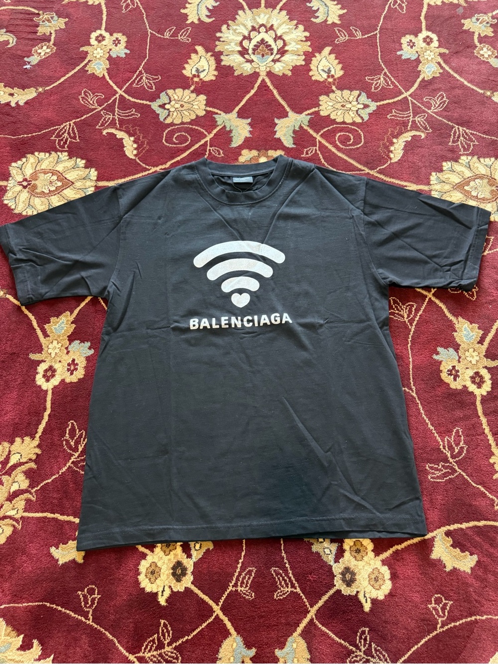 Balenciaga Black Short-Sleeve Logo Tee with White WiFi Graphic